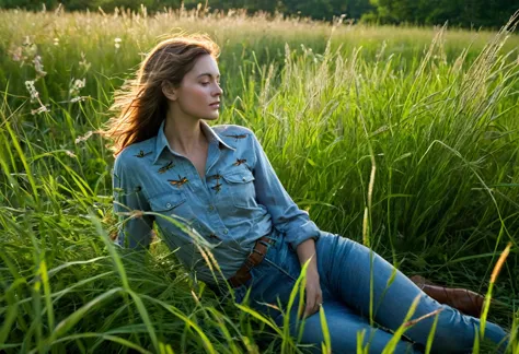 a woman sits in a tall grass meadow, blue grass, dense greenery surrounding her, she's hidden, camouflaged:1.1, grown past her w...