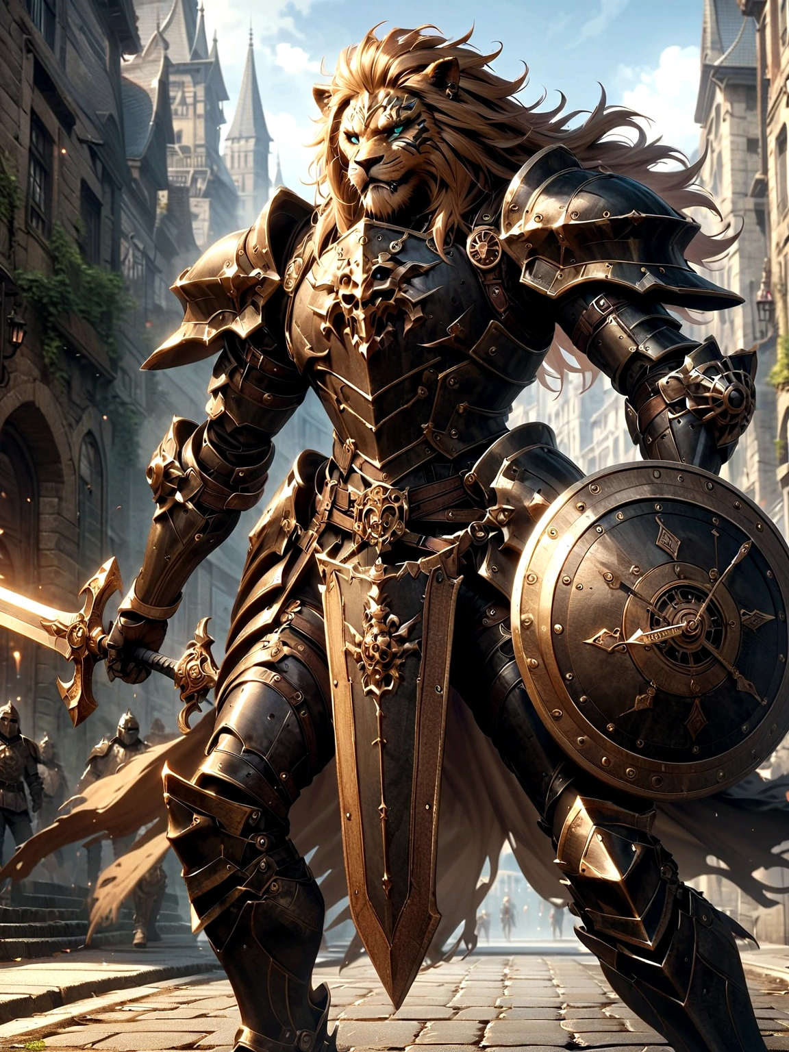 Lion Knight wearing combat uniform, on the street, black armor, Clock designs, Black Lion Man, Black Color armor, Sword and Shield