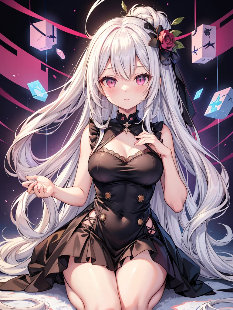 anime girl with long white hair and black dress posing on a pink carpet, a character portrait by Shitao, pixiv, neo-figurative, in dress, azur lane style, from girls frontline, characters from azur lane, white haired deity, from the azur lane videogame, cute anime waifu in a nice dress