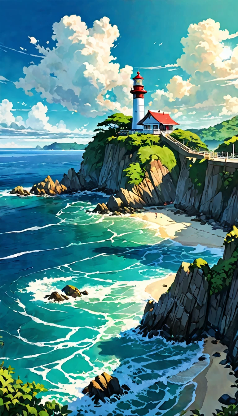 The ocean is right in front of you、Tropics、Ocean、ocean shore、cliff、Bungalow、Resort、turquoise blue、Emerald green、sunshine、water surface、rock、cloud、blue sky、buzzer、Paradise、beautiful、vivid、nature、trip、vacations、beautiful Anime Scenery, Landscape painting, Lighthouse, Beautiful digital painting, andreas rocha, Beautiful artwork illustration, Awesome Wallpapers, Raymond Han, tall beautiful painting, Studio Greebly New Ocean Makoto, Beautiful Wallpaper, Anime Scenery
