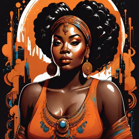 vector t-shirt art design, centered, illustration of a thick and fat black woman wearing a orange dress and making magic with ca...