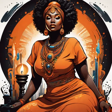 vector t-shirt art design, centered, illustration of a thick and fat black woman wearing a orange dress and making magic with ca...