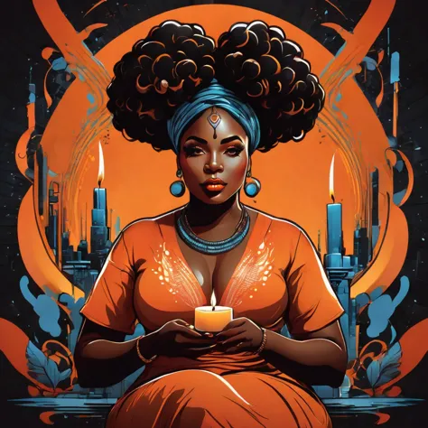 vector t-shirt art design, centered, illustration of a thick and fat black woman wearing a orange dress and making magic with ca...