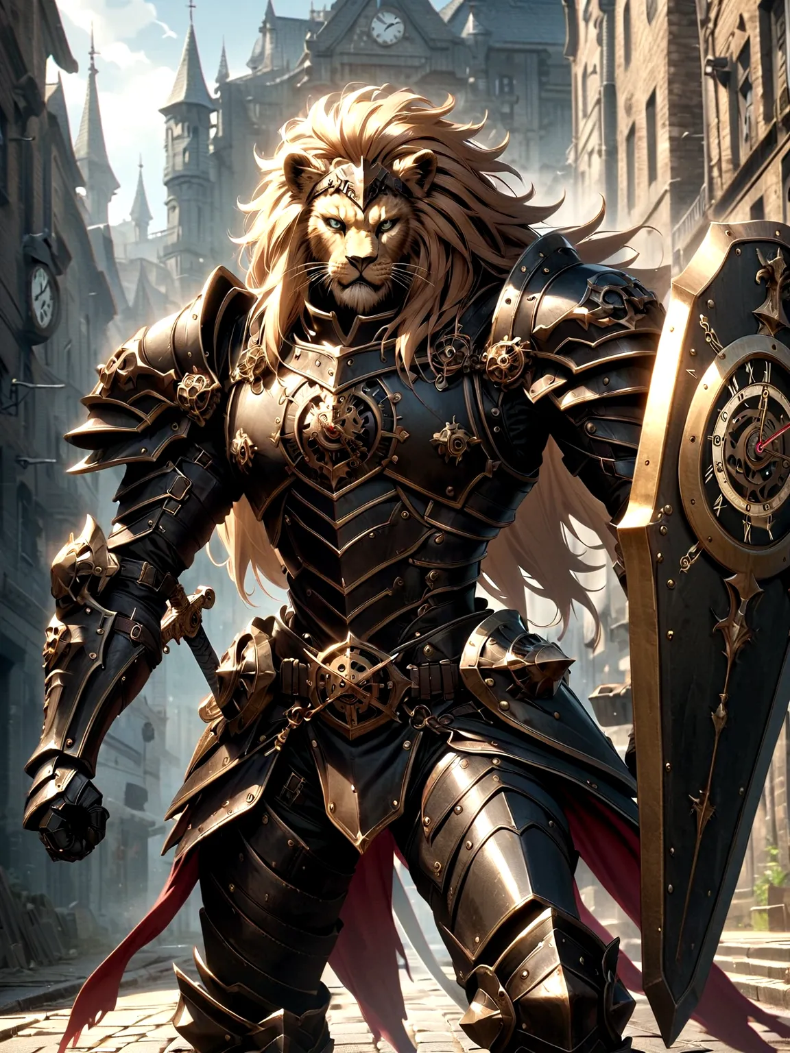 Lion Knight wearing combat uniform, on the street, black armor, Clock designs, Black Lion Man, Black Color armor, Sword and Shie...