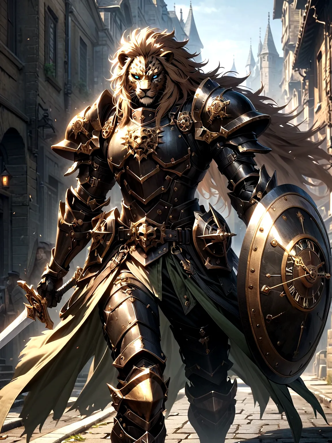 Lion Knight wearing combat uniform, on the street, black armor, Clock designs, Black Lion Man, Black Color armor, Sword and Shie...