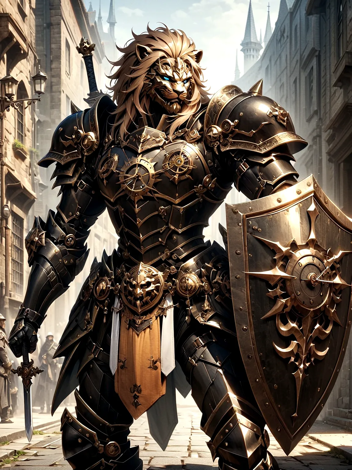 Lion Knight wearing combat uniform, on the street, black armor, Clock designs, Black Lion Man, Black Color armor, Sword and Shie...