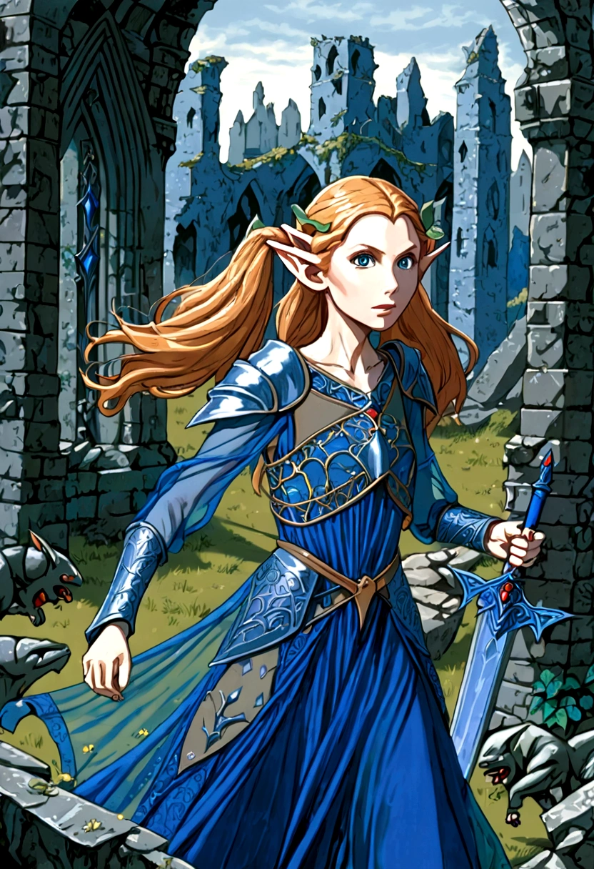 Gates McFadden (age 20) (young elven maiden, twintails, intricate sheer blue dress, mithril chest plate armor, mithril magic sword), chasing off some pesky kobolds, ruins
