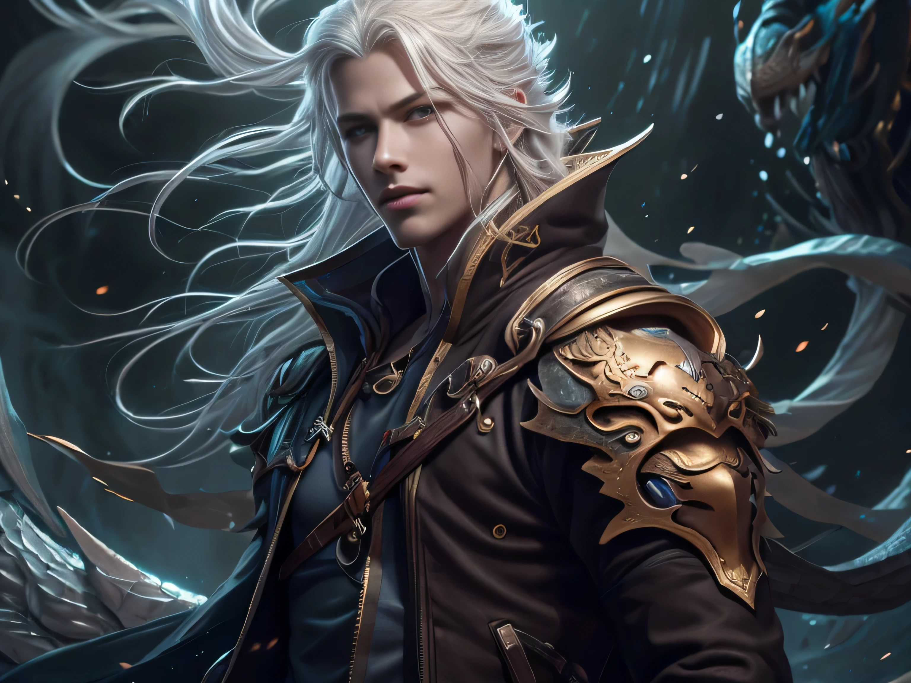 (Best Quality, 8K, Masterpiece, HDR, Soft Lighting, Picture Perfect, Realistic, Vivid), Male Humanoid Dragon (1.0), 1 Guy, Perfect Face, Super Detailed Photo of a Gorgeous Humanoid Dragon Man with Long White Hair, Side by Side lies a white dragon, Beautiful anime fantasy, background blur, anime fantasy, work in the style of Gouves, realism: 1.37, long white hair, plump lips, (Ultra high quality fantasy art), Masterpiece, male model, male character ultra high quality designs, detailed 8k anime art, realistic anime art, highest quality wallpapers, intricate ultra high quality accurate male characters faces, high quality designs and accurate physics (fantasy - ultra high quality art), dark fantasy style), masterpieces, super high quality quality characters, anime resolution - 8K, realistic anime art, wallpapers with the highest quality illustrations, ultra-high detail faces, high-quality design and accurate physics), color, depth of field, shadows, ray tracing, high-quality execution. -high quality and 8K resolution, (Accurate simulation of the interaction of light and materials)], [High-quality hair detail [Read more about beautiful and shiny white hair]], (Beautifully detailed hands [perfect fingers [Perfect nails]]], (perfect anatomy ( perfect proportions)))) [[Full-length]], [Perfect combination of colors (Accurate imitation of the interaction of light and material)], [art that conveys the meaning of the story](modified)