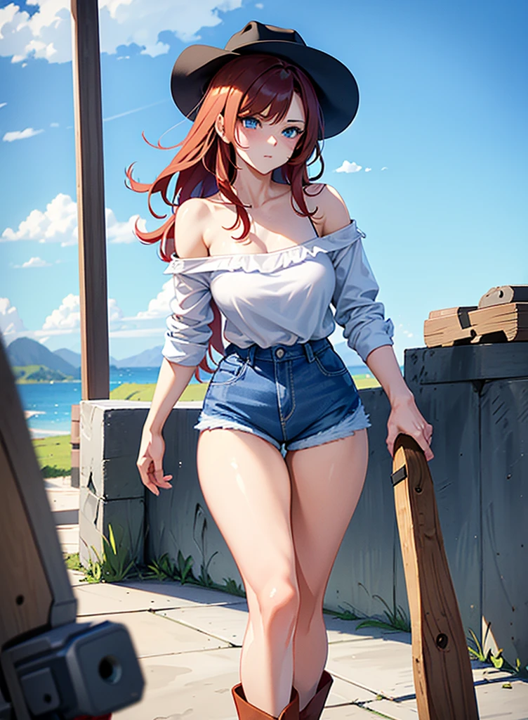 18 year old young girl, long haired redhead with blue eyes, Short white off-the-shoulder shirt, bright blue short jean shorts, serious look, sexy, short brown boots with white