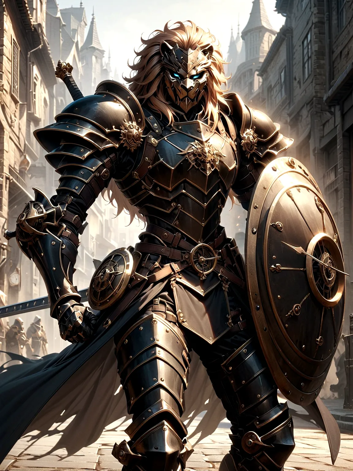 Lion Knight wearing combat uniform, on the street, black armor, Clock designs, Black Lion Man, Black Color armor, Sword and Shie...