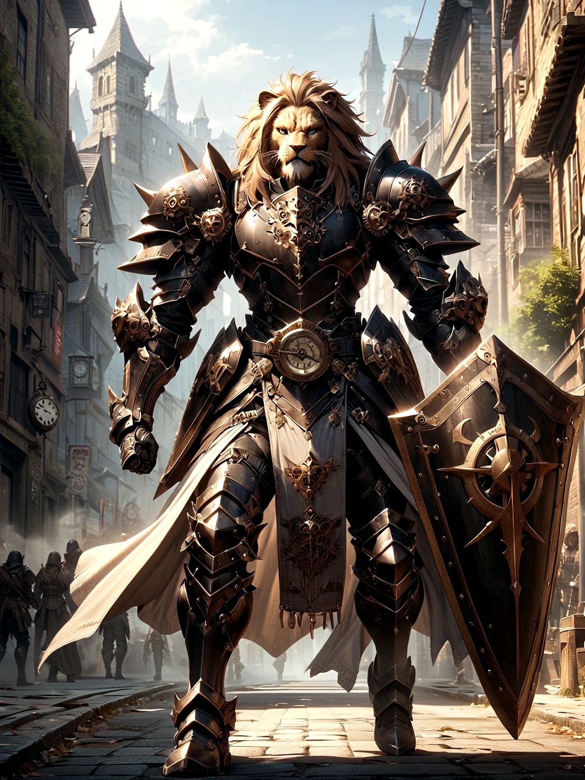 Lion Knight wearing combat uniform, on the street, black armor, Clock designs, Black Lion Man, Black Color armor, Sword and Shield