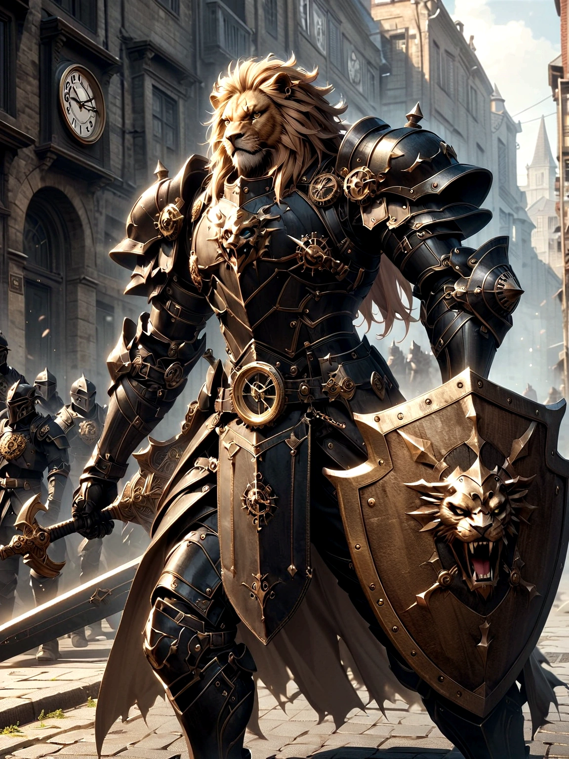 Lion Knight wearing combat uniform, on the street, black armor, Clock designs, Black Lion Man, Black Color armor, Sword and Shield