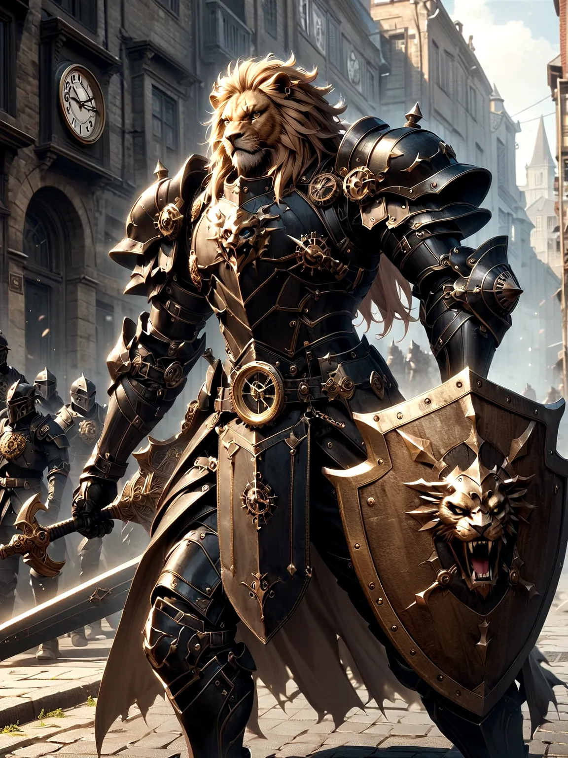 Lion Knight wearing combat uniform, on the street, black armor, Clock designs, Black Lion Man, Black Color armor, Sword and Shie...