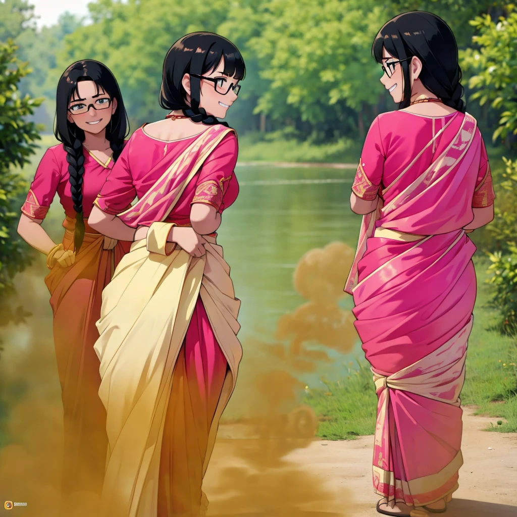 ultraHD, high resolution, highly detailed, 2 females, indian teenage girls, black hair, hair tied in braids, hair bang, wearing glasses, skinny body, dark skin, relieved faces, smiling, clenching teeth, pink saree, girls fart, both farting, letting out fart, massive fart, velocity, yellow smoke rising, viewing from behind, by the river near hut