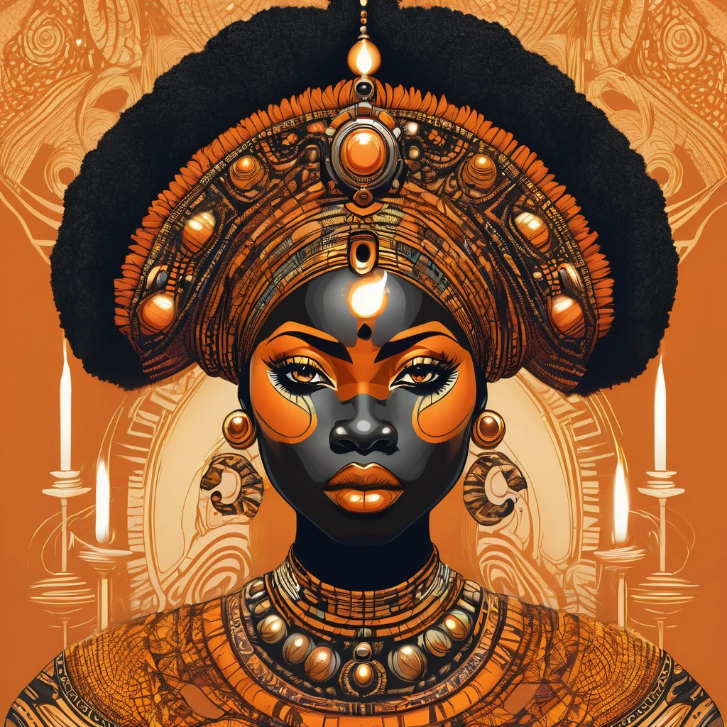 Vector t-shirt art design, centered, orisha, illustration of a thick and fat black woman wearing a orange dress and making magic with candles, afrofuturism, afrofuturism fashion, ultra quality, 8K, intricate details, beautiful face, african goddess