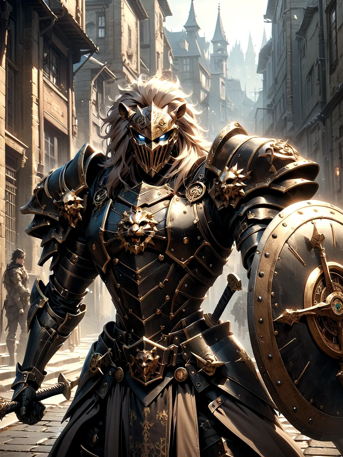 Lion Knight wearing combat uniform, on the street, black armor, Clock designs, Black Lion Man, Black Color armor, Sword and Shie...