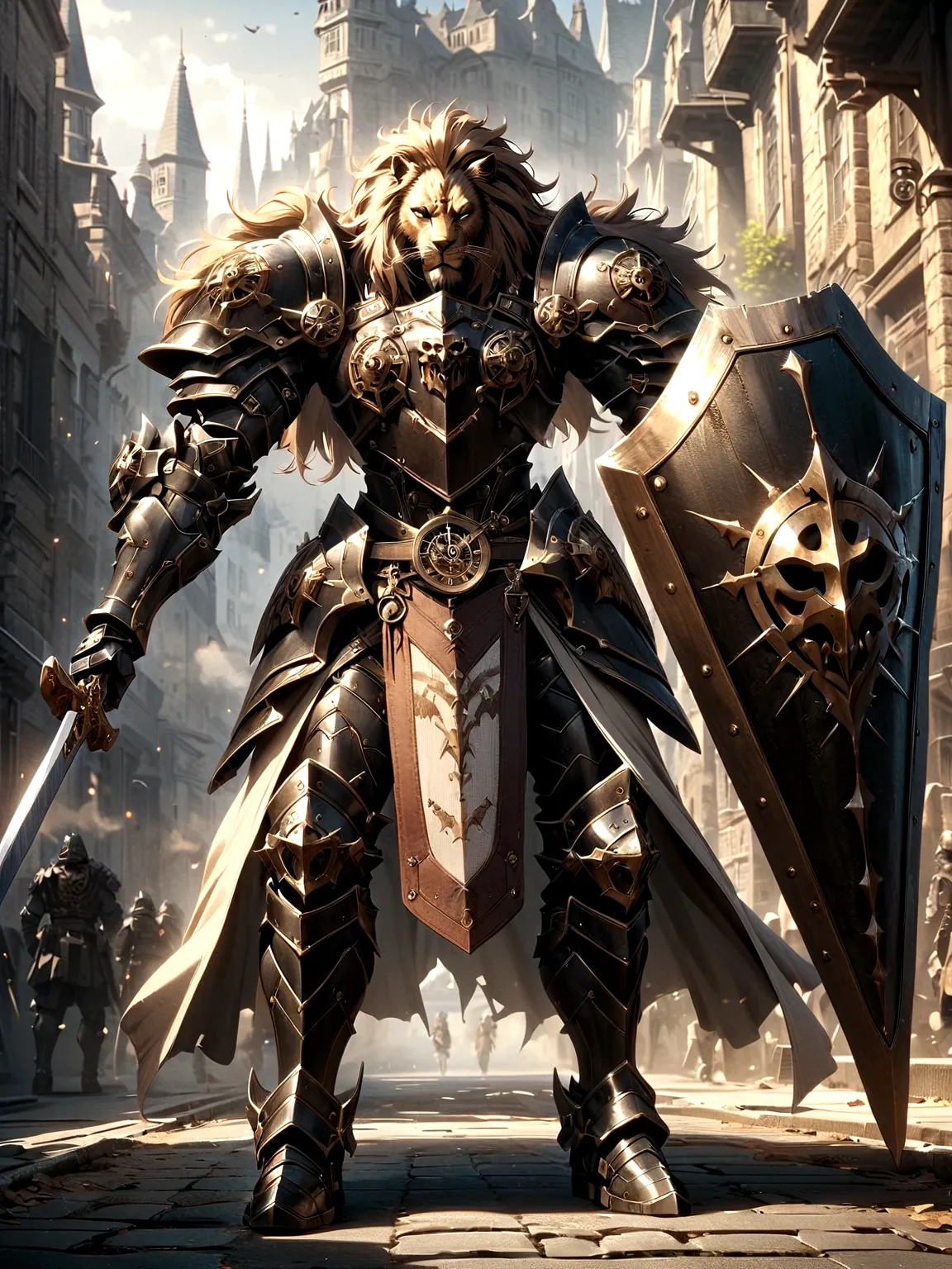 Lion Knight wearing combat uniform, on the street, black armor, Clock designs, Black Lion Man, Black Color armor, Sword and Shie...