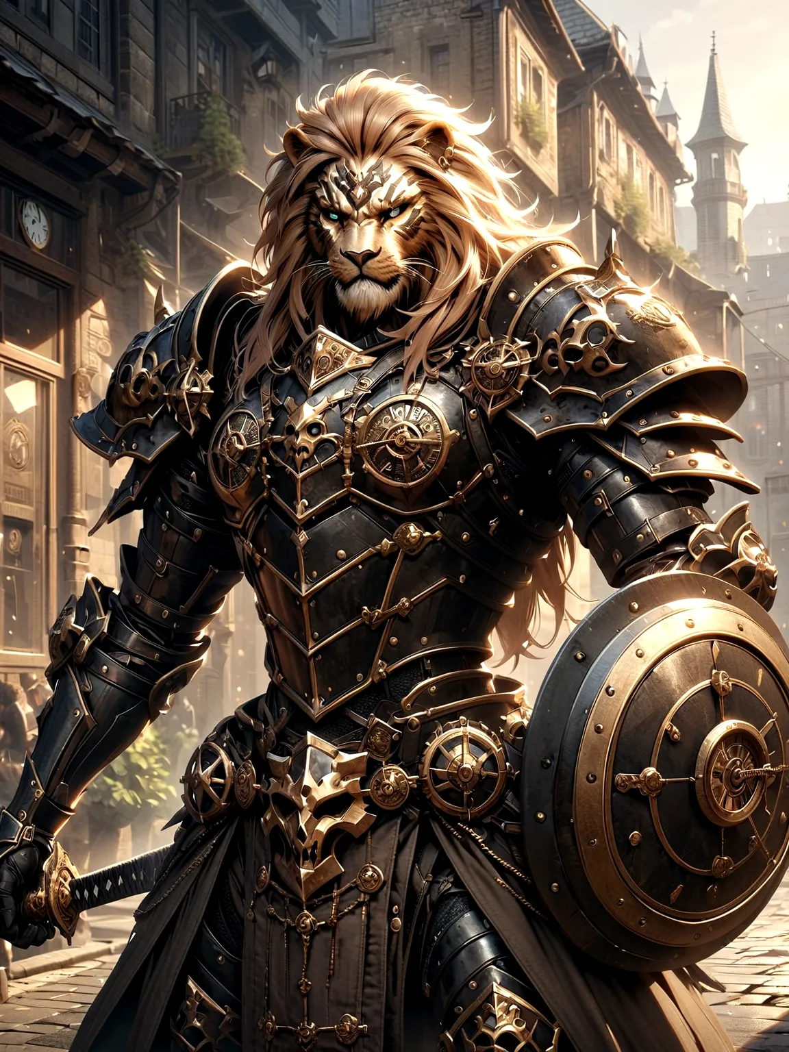 Lion Knight wearing combat uniform, on the street, black armor, Clock designs, Black Lion Man, Black Color armor, Sword and Shie...