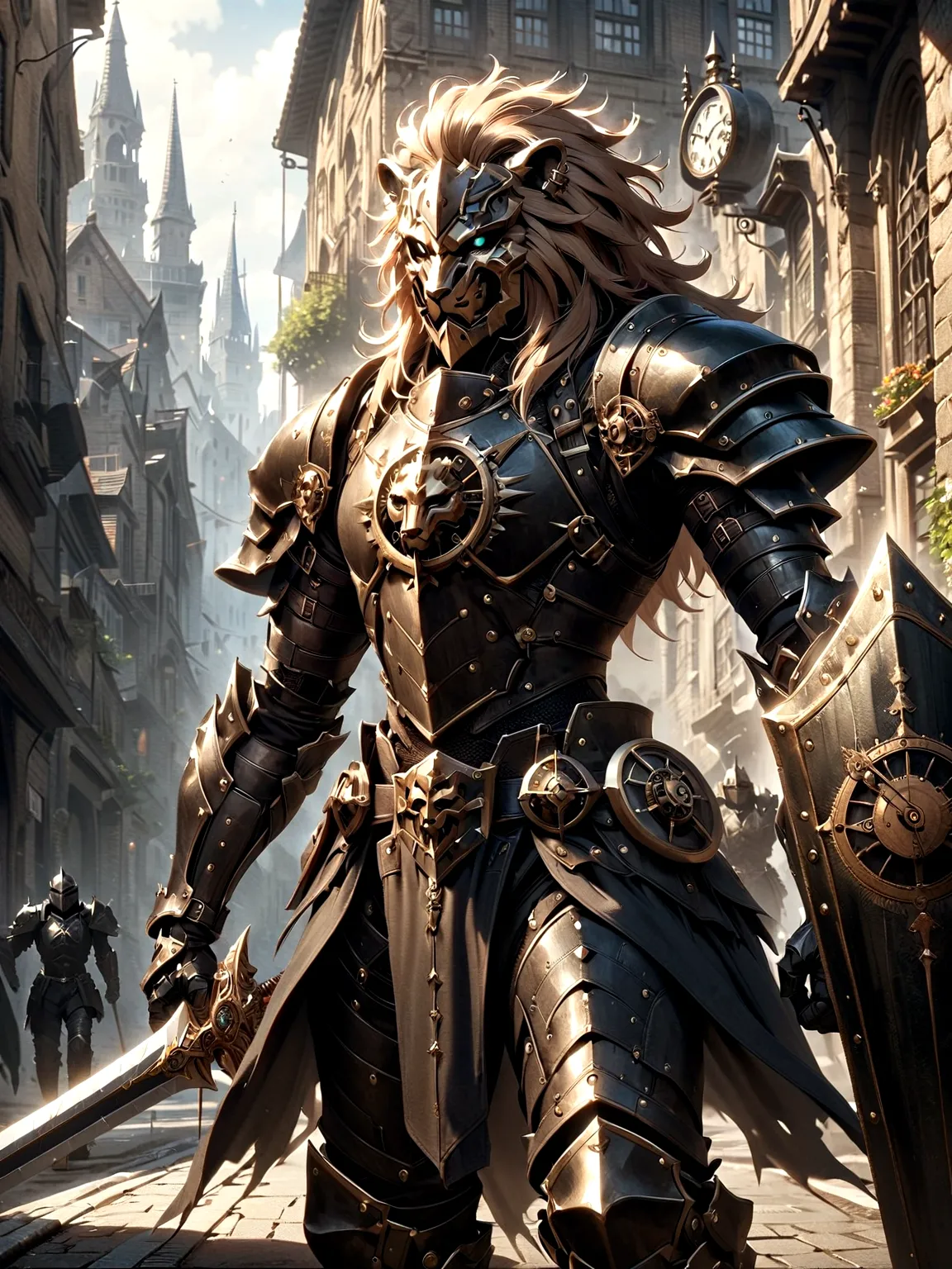 Lion Knight wearing combat uniform, on the street, black armor, Clock designs, Black Lion Man, Black Color armor, Sword and Shie...