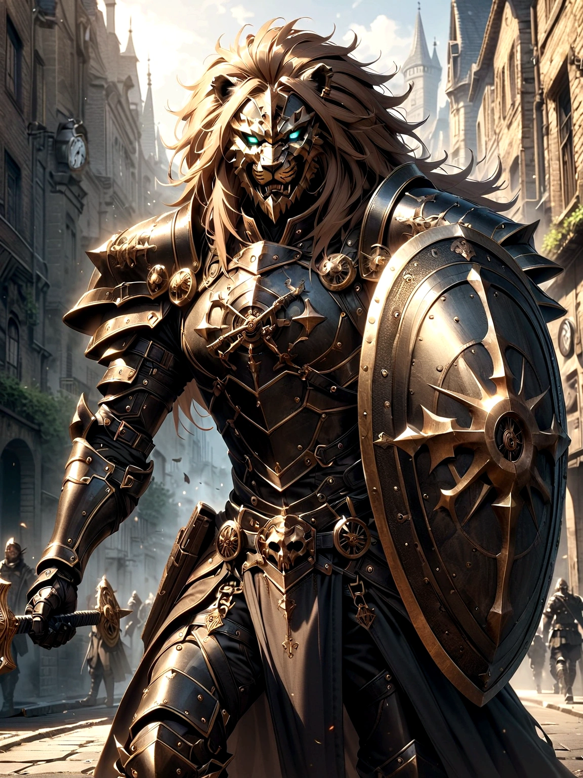 Lion Knight wearing combat uniform, on the street, black armor, Clock designs, Black Lion Man, Black Color armor, Sword and Shield