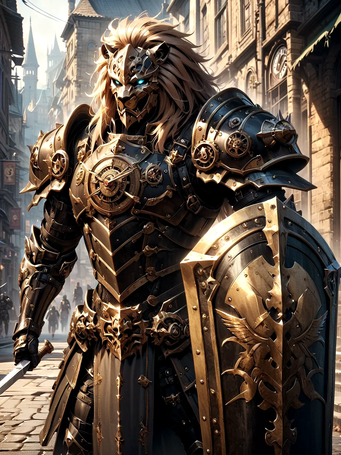 Lion Knight wearing combat uniform, on the street, black armor, Clock designs, Black Lion Man, Black Color armor, Sword and Shie...