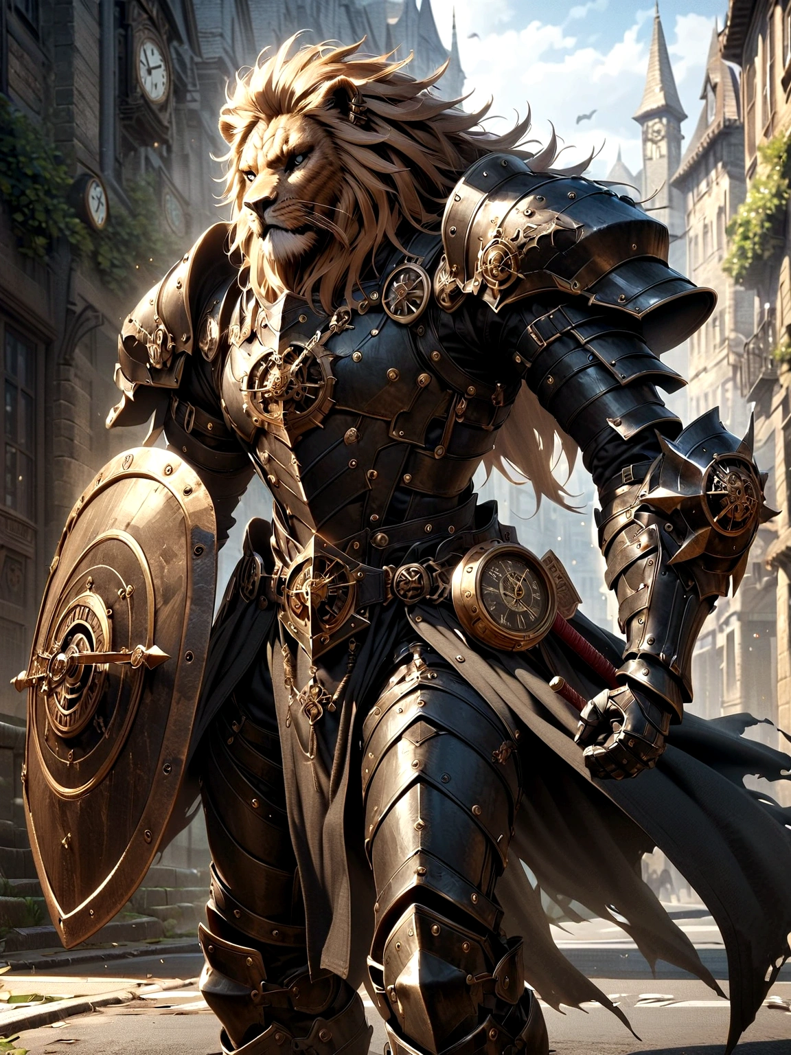 Lion Knight wearing combat uniform, on the street, black armor, Clock designs, Black Lion Man, Black Color armor, Sword and Shield