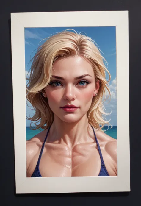 (muscular blonde woman) hyperrealistic art cinematic film still lower angle photography in the style of detailed hyperrealism ph...
