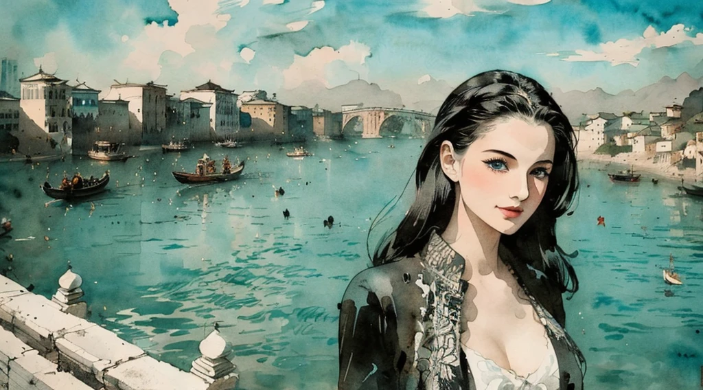 black and white tones:1.3, masterpiece, best quality, tradition chinese ink watercolor paintings:1.2, use thick and light inks to create light and dark changes and layers, a beautiful 20s russian model, ultra detailed face
