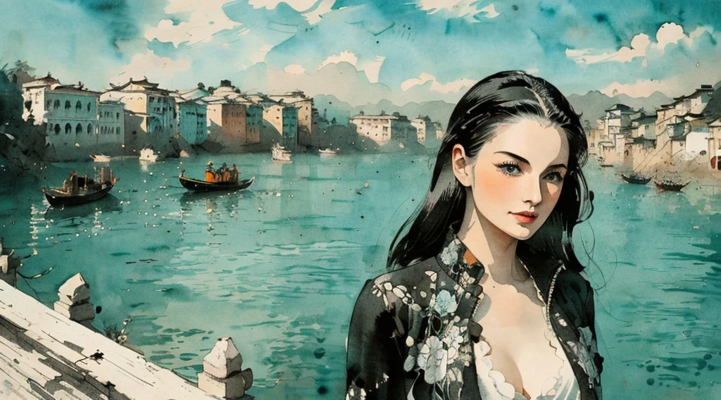 black and white tones:1.3, masterpiece, best quality, tradition chinese ink watercolor paintings:1.2, use thick and light inks to create light and dark changes and layers, a beautiful 20s russian model, ultra detailed face
