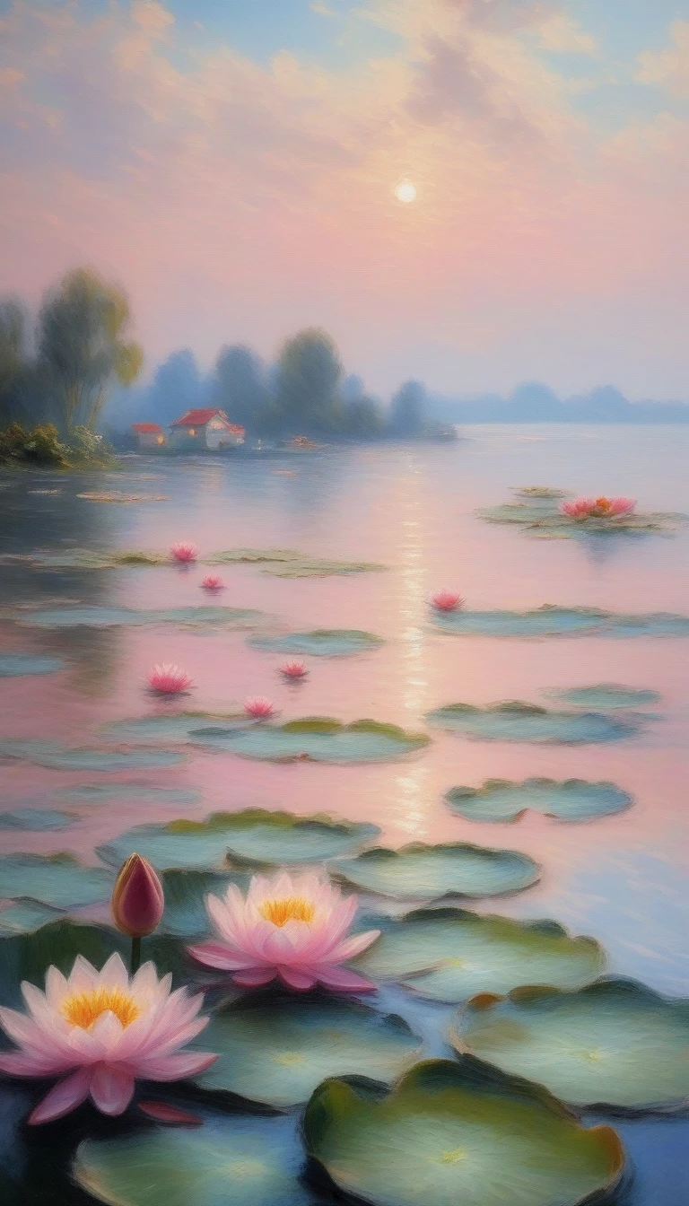 Monet style, beach, cloud, Sky, water, flower, waterlily, Soft cushion, 莲flower, pink flower, No humans, plant, landscape, still life, impressionist watercraft, many (style) (masterpiece:1.2), best quality, high resolution, The original, Extremely detailed wallpaper, Perfect lighting,(Extremely detailed:1.2), , brush