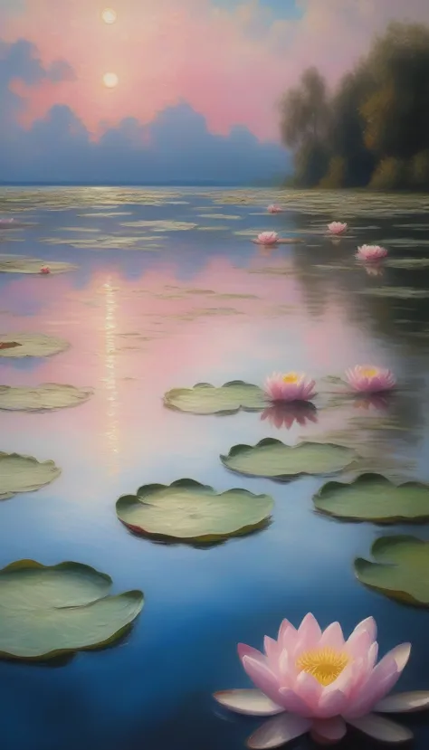 Monet style, beach, cloud, Sky, water, flower, waterlily, Soft cushion, 莲flower, pink flower, No humans, plant, landscape, still...