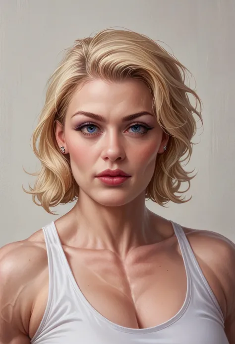(muscular blonde woman) hyperrealistic art cinematic film still lower angle photography in the style of detailed hyperrealism ph...