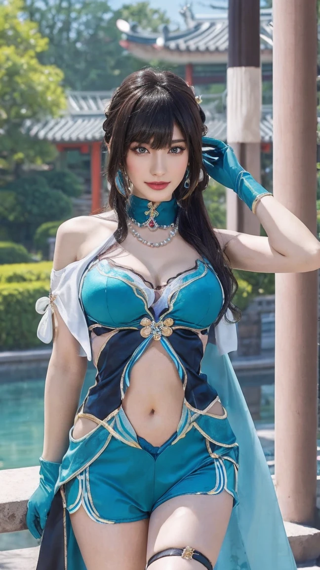 (masterpiece), best quality, HD, realistic, expressive eyes, perfect face, blue eyes, greeneyes, black choker, ruby necklace, sandals, hair intakes, blue dress, bare shoulders, earrings, dress, flower, jewelry, gloves, beads, white flower, thigh strap, hair ornament, cleavage, medium breasts, bangs, black hair, hair between eyes, long hair, breasts, chinese dress, ruanmei official, clothing cutout, aqua lingerie, aqua shorts, hair intakes, lipstick, chinese clothes, single hairbun, abs, muscular, cleavage, breasts, brown hair, RuanMei, 1girl, full body, mistress, milf, lab coat, aqua shorts, ruanmei, whorish, basketball background, busty, milf, curvy, midriff, tall, pubic hair, heels, vaginas, pussy, colonial