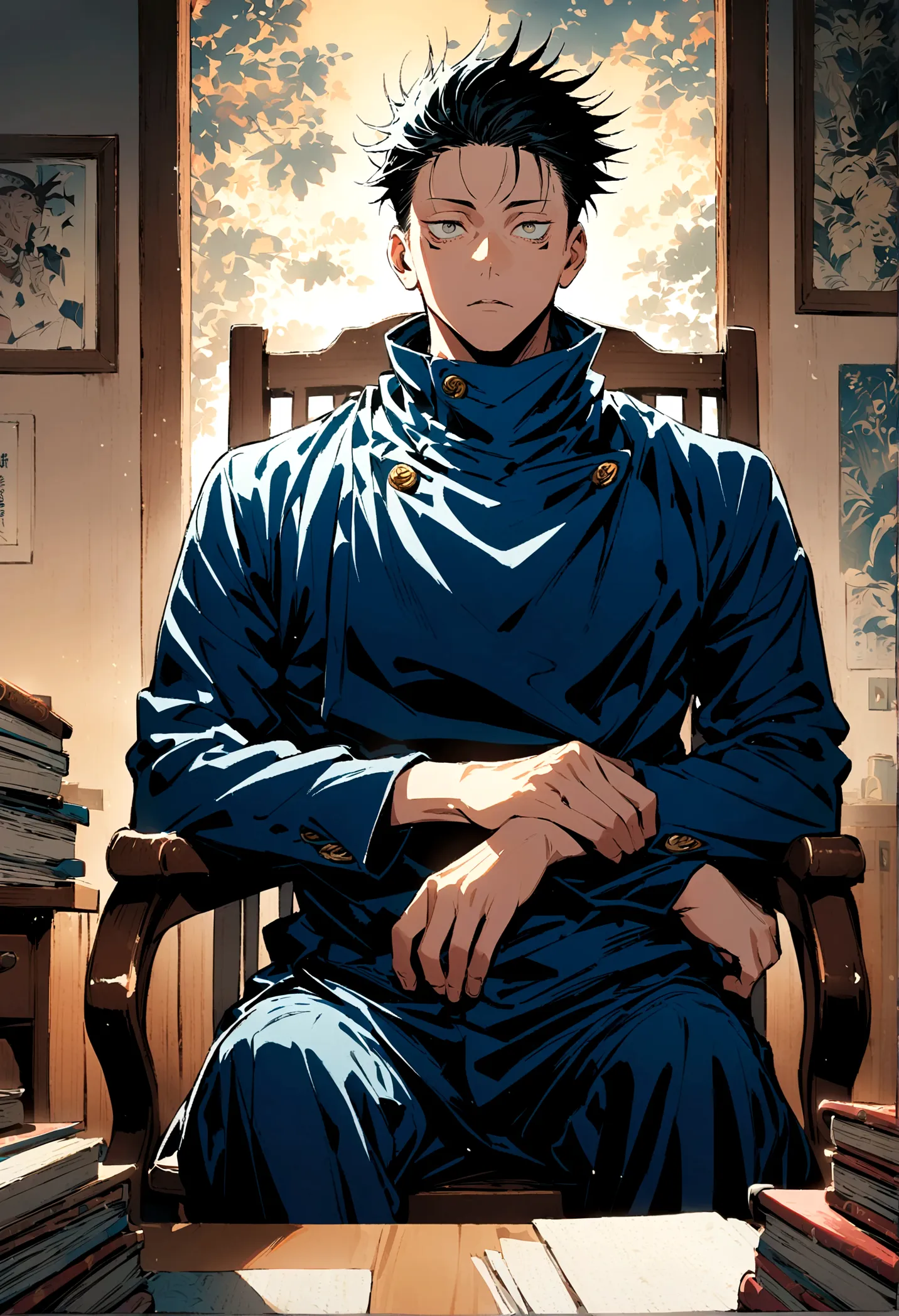 (1 guy,jujutsu kaisen),black hair, sitting in a chair and infront of a desk, artwork
