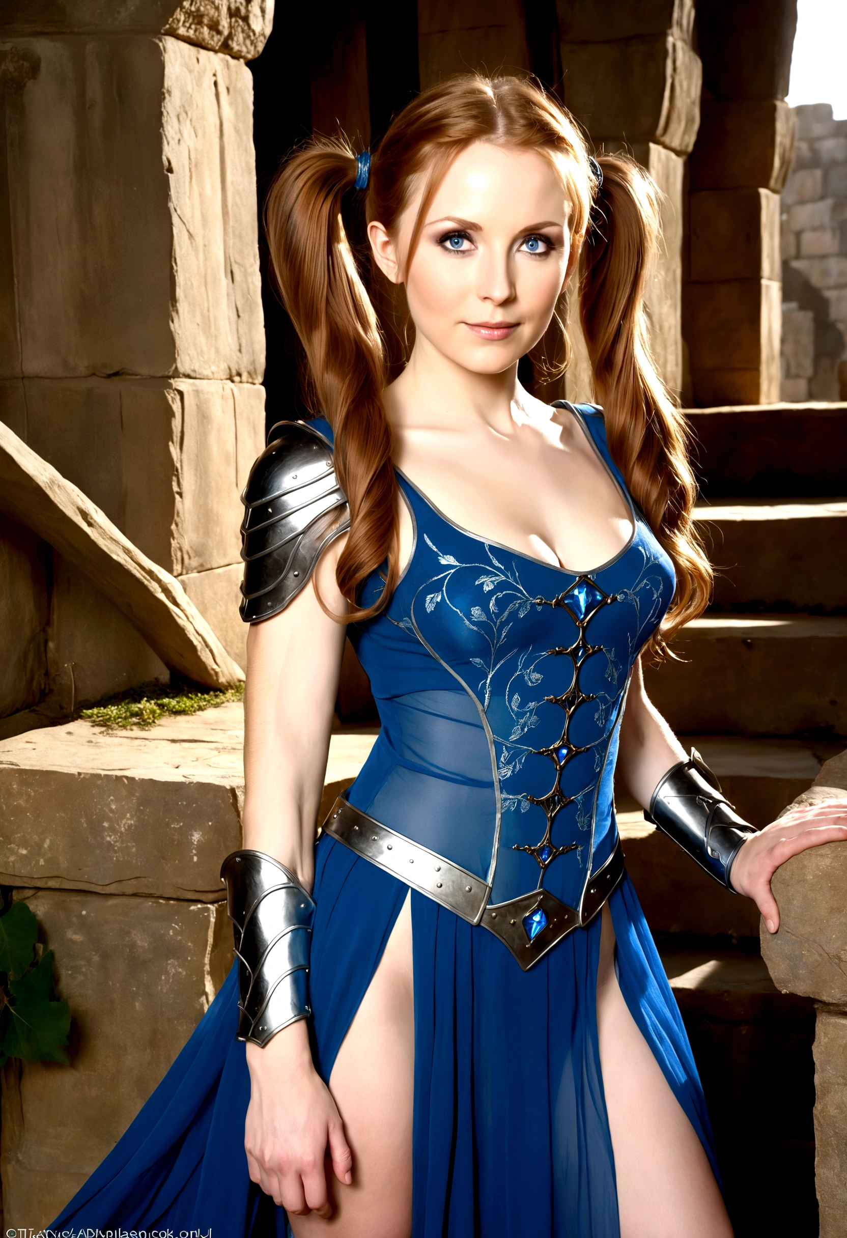 Gates McFadden (age 20) (young elven maiden, twintails, intricate sheer blue dress, mithril chest plate armor, mithril magic sword), chasing off some pesky kobolds, ruins
