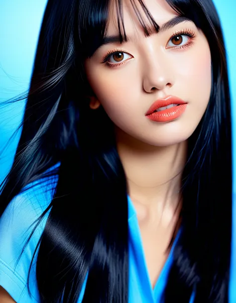 a 22yo  american woman with long black hair,dark blue and dark black,realistic color palette, soft-focused realism,black hair, l...