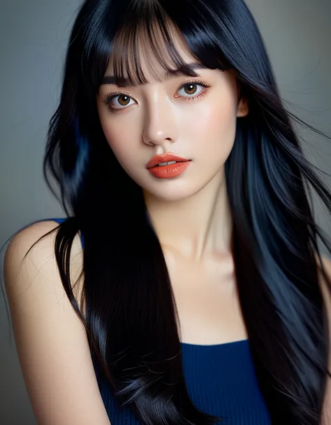 a 22yo  american woman with long black hair,dark blue and dark black,realistic color palette, soft-focused realism,black hair, l...