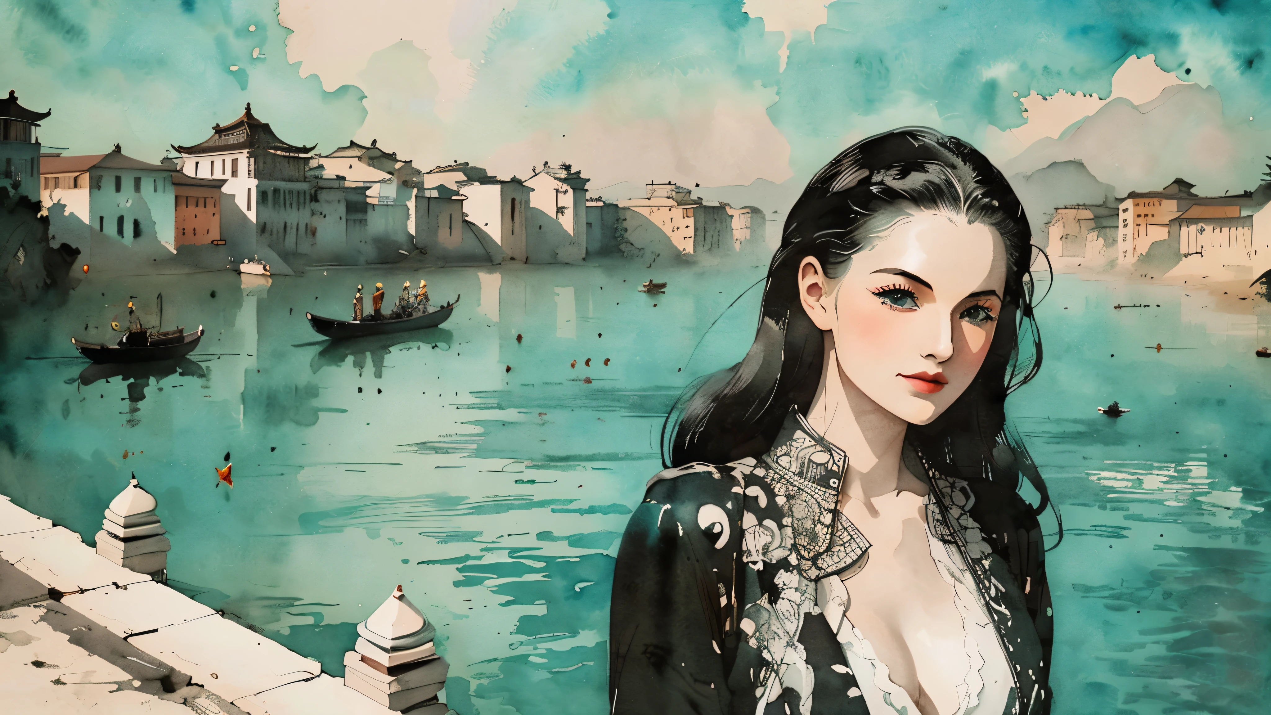 black and white tones:1.3, masterpiece, best quality, tradition chinese ink watercolor paintings:1.2, use thick and light inks to create light and dark changes and layers, a beautiful 20s russian model, ultra detailed face
