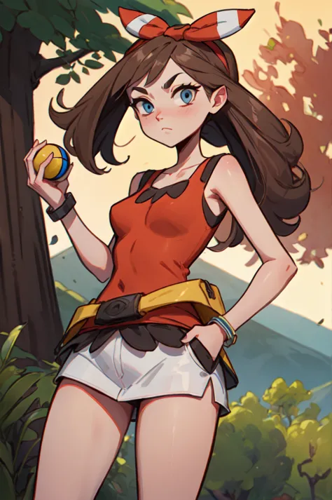 pkmnmay, blue eyes, brown hair, hair ribbon, red hair tie,red tank top, white latex miniskirt, (i spread my crotch wide.), brace...