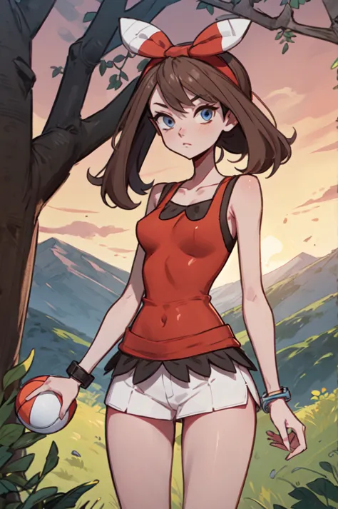 pkmnmay, blue eyes, brown hair, hair ribbon, red hair tie,red tank top, white latex miniskirt, (i spread my crotch wide.), brace...