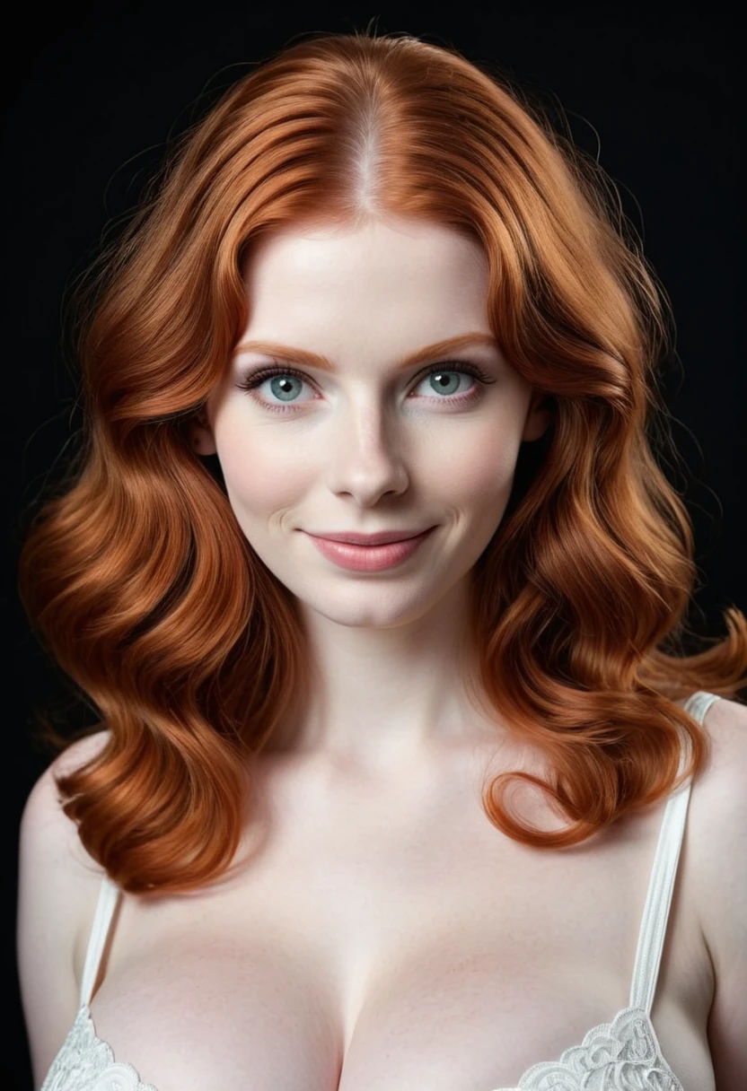 (highly detailed:1.3), (vivid_flowing_ginger_hair in a 1960s_hairstyle:1.3), (perky_gigantic_breasts:1.4),  (very_pale_realistic_glossy_skin_with_imperfections:1.1), (18 yo girl) with a strikingly beautiful_youthful_face looking intensely at viewer, photorealistic, dark studio with a (black_background),smile with (flawless_white_teeth:1.4),(thin waist and big boobs:1.2), intricate details, 35mm photograph, fujifilm, RAW, 16k