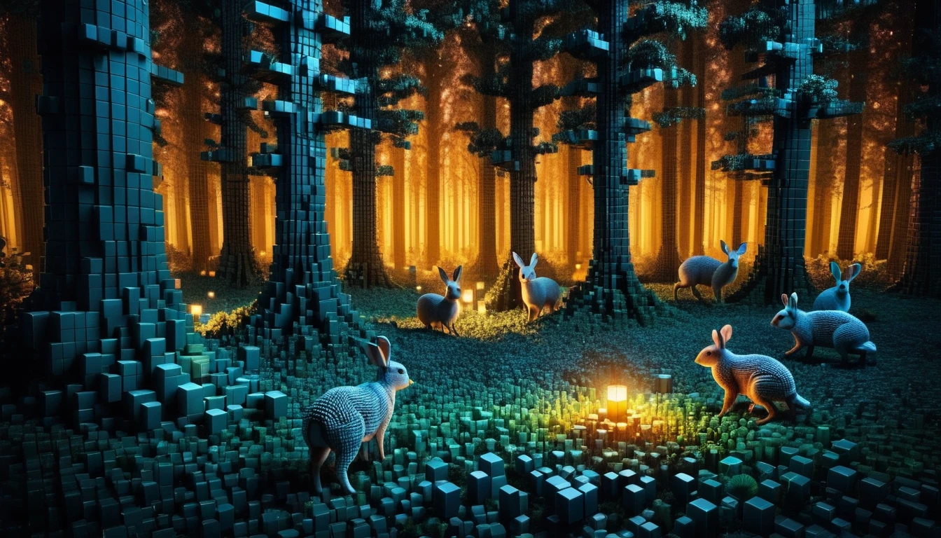 Uma floresta noturna encantadora feita de cubos RAL-3D, Existem muitos animais pequenos,Envolto na fantástica luz da noite,Floresta secreta muito bonita,Pequenos animais se reúnem