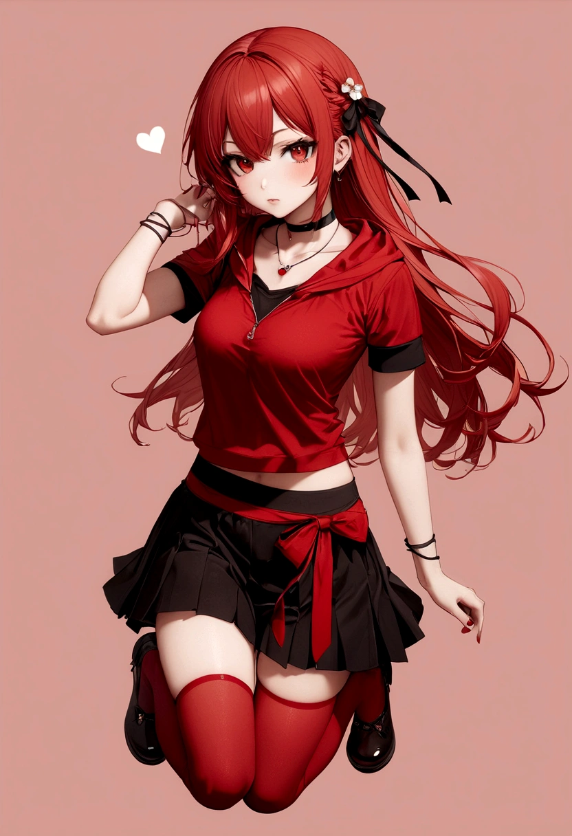 a girl with a black skirt and a small red shirt on top of is red stockings . red zip up hoodie, black shirt underneath with short sleeves and ,red hair, long hair and a flower with a ribbon on the bottom on the side on the hair and red eyes has a black Choker , and a small heart red necklace , has a ribbon bow waistband, main color red , full body 