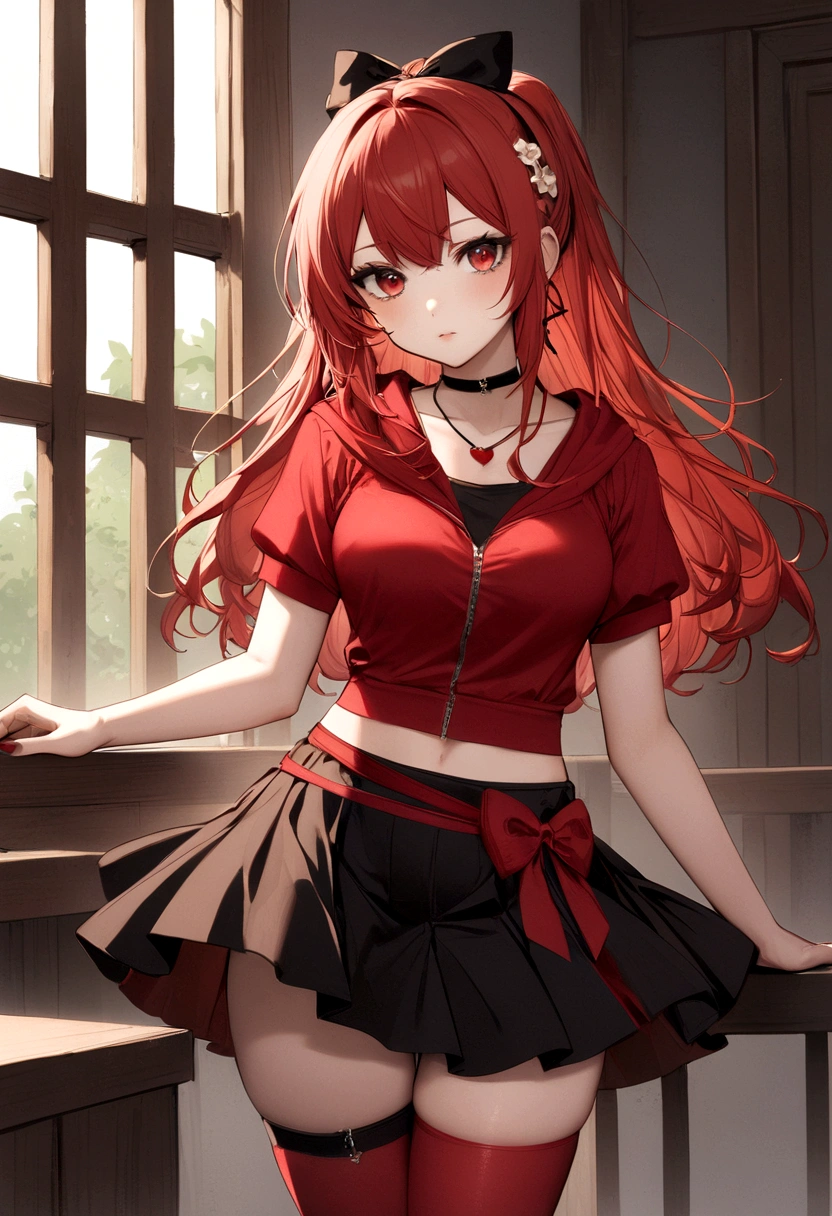 a girl with a black skirt and a small red shirt on top of is red stockings . red zip up hoodie, black shirt underneath with short sleeves and ,red hair, long hair and a flower with a ribbon on the bottom on the side on the hair and red eyes has a black Choker , and a small heart red necklace , has a ribbon bow waistband, main color red , full body 