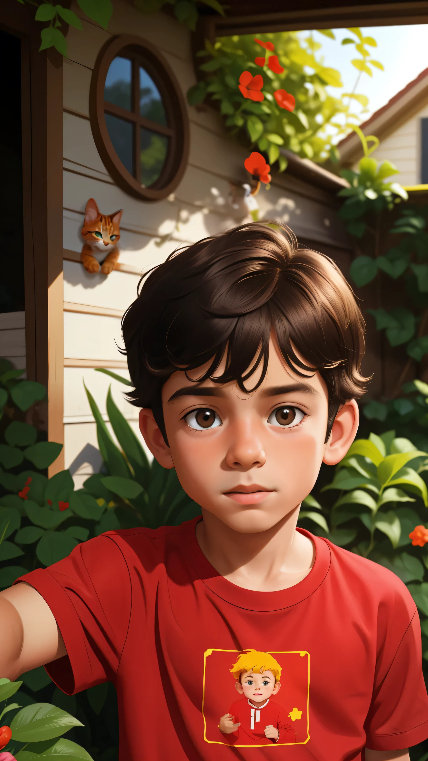 Realistic portrait of a seven-year-old boy, He wears a red shirt . His face is childish and exploratory . He goes out cautiously into the garden of the house,  A small cat is among the bushes and he touches it cautiously ,Not facing the camera,, Hair is untidy , 