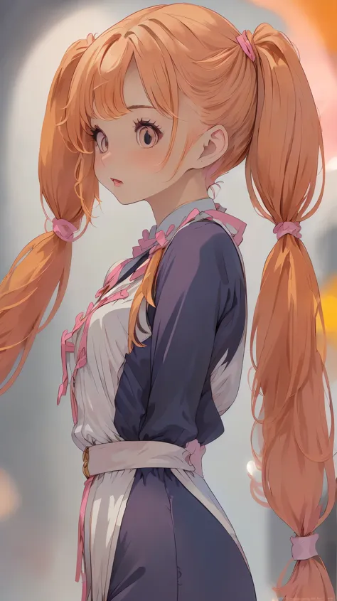 (A beautiful young woman with twin pigtails hairstyle:1.5), modern clothing, animated style, pretty orange priest anime costume,...