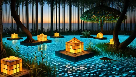 an enchanted forest made up of ral-3d cubes, surrounded by the fantastic light of fireflies ,the wide sea is nearby,there are lo...