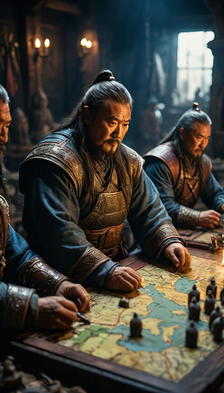 Cinematic style, Genghis Khan and his generals planning strategies using maps and miniatures, background dark, hyper realistic, ultra detailed hyper realistic, photorealistic, Studio Lighting, reflections, dynamic pose, Cinematic, Color Grading, Photography, Shot on 50mm lens, Ultra-Wide Angle, Depth of Field, hyper-detailed, beautifully color, 8k, golden light from the front,