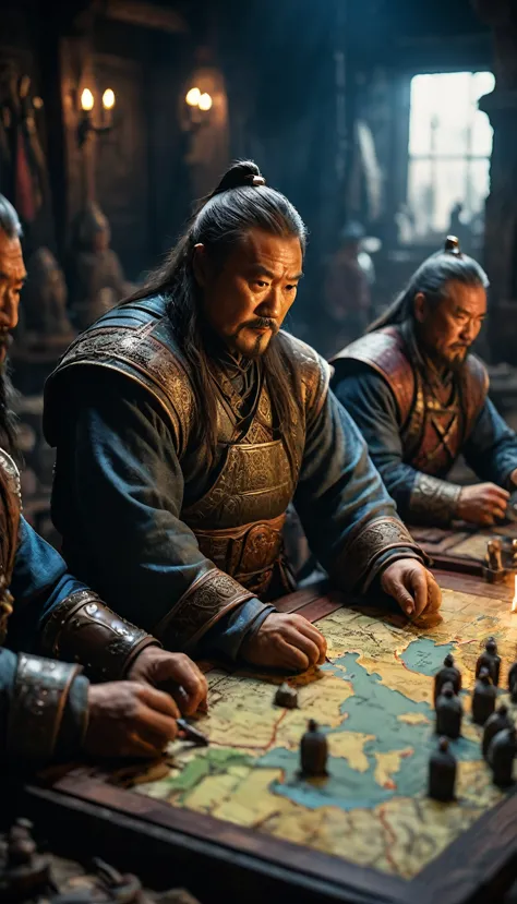 cinematic style, genghis khan and his generals planning strategies using maps and miniatures, background dark, hyper realistic, ...