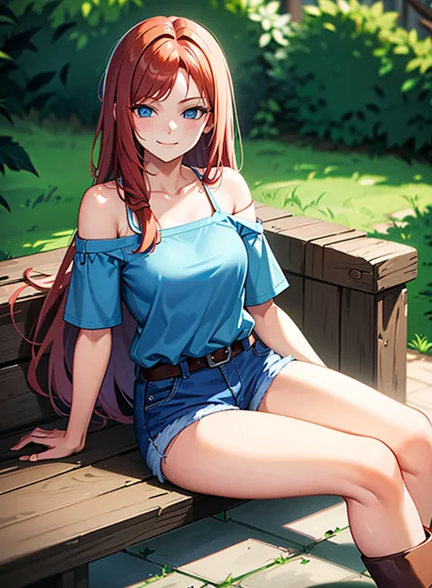 young girl of 15 years, long haired redhead with blue eyes, Short white off-the-shoulder shirt, bright blue short jean shorts, s...